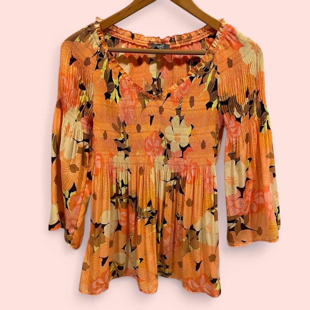 Cute Y2K Peach floral boho crinkle smock flowy ruffle collar top v-neck festival